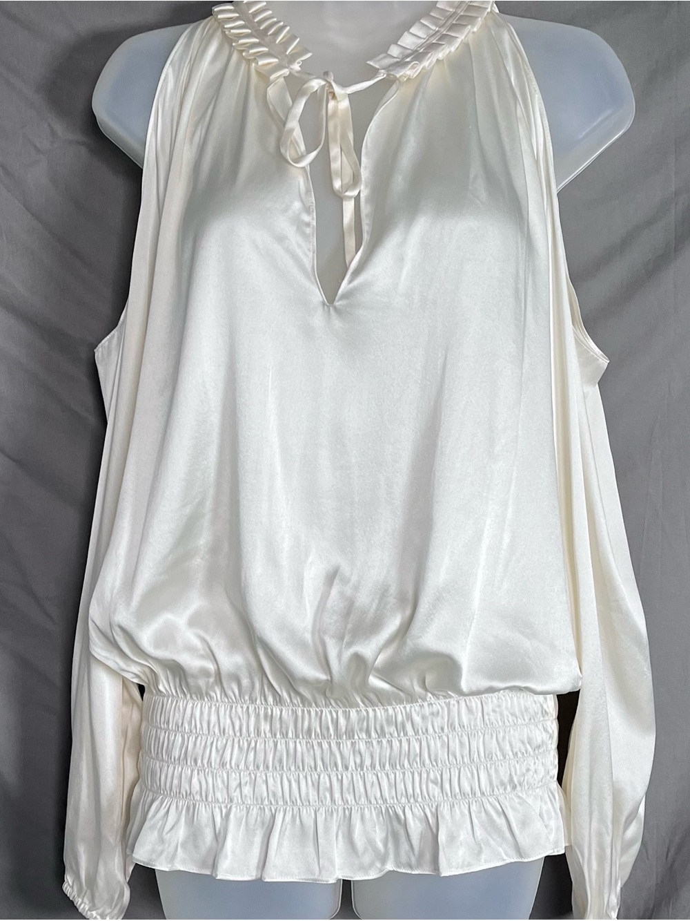 NWT Ramy Brook Silk Cold Shoulder Blouse Ivory Keyhole Smocked M